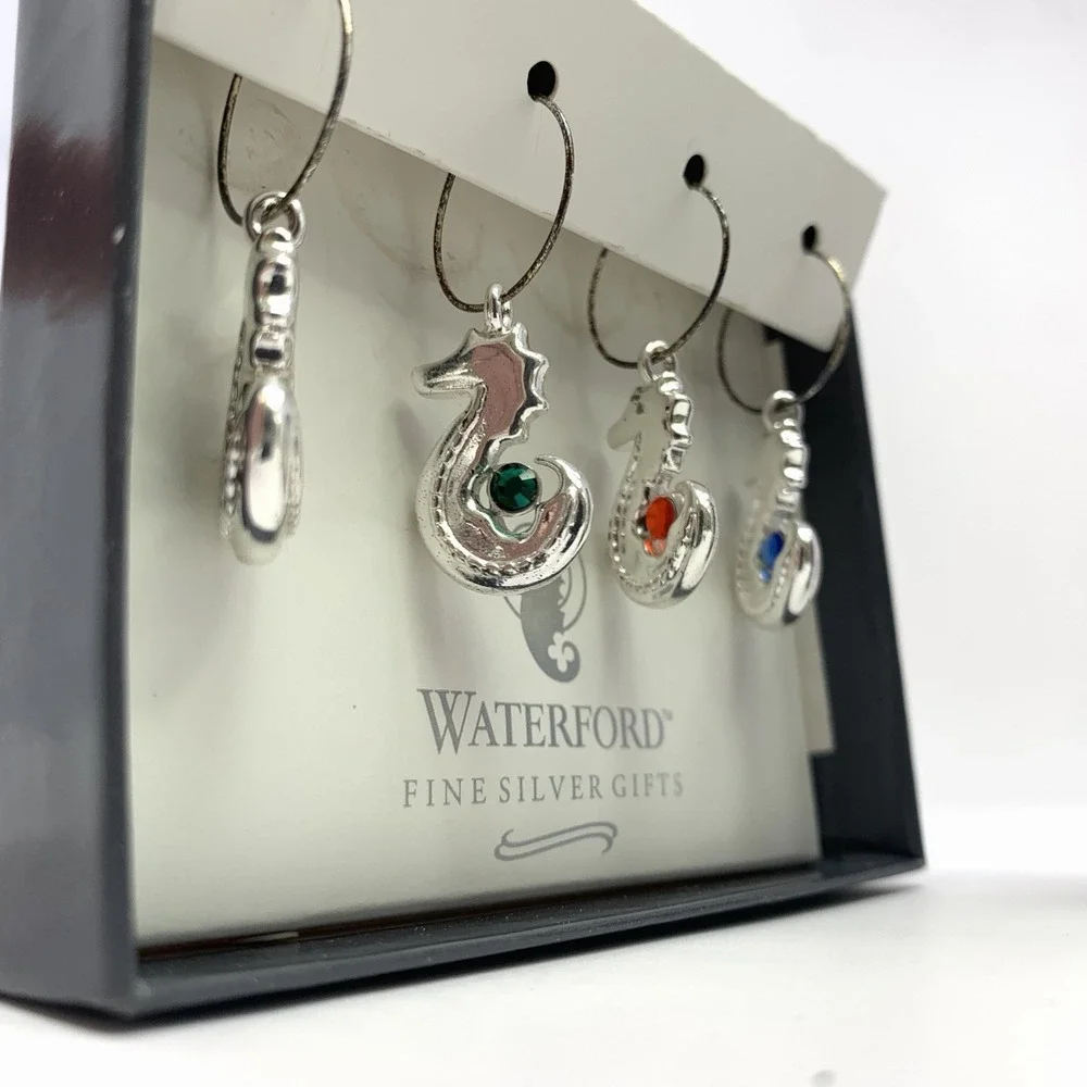 2 Sets of WATERFORD Fine Silver Gifts Seahorse Wine Charms - Sea Horse 2002